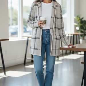 LOFT Cream and Black Windowpane Open Cardigan